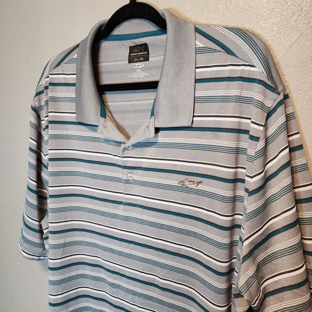 Greg Norman For Tasso Elba Golf Polo Shirt Mens XXL Grey Striped PlayDry Shark
